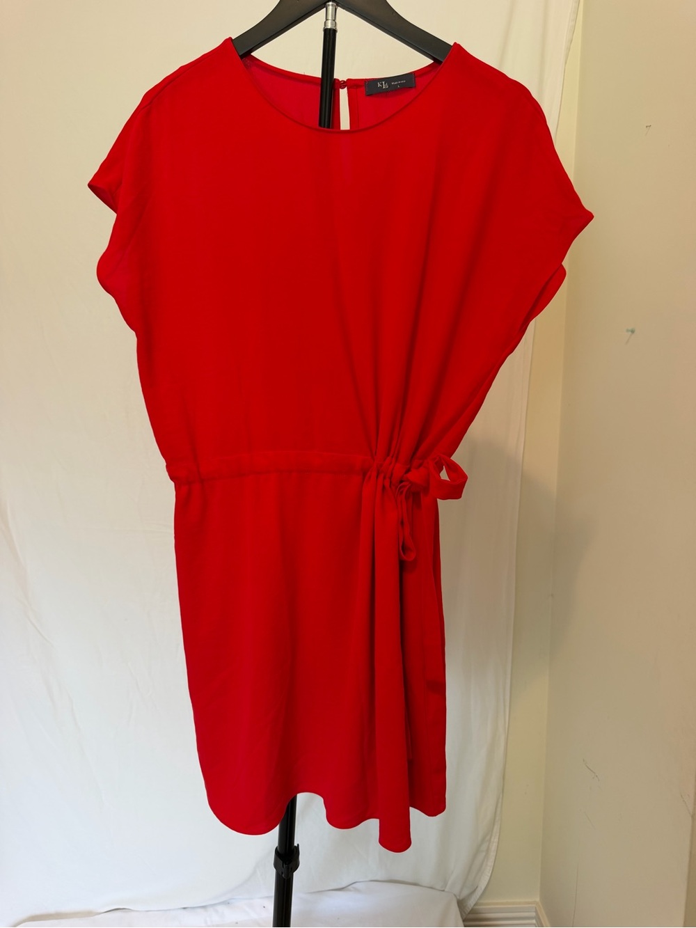 KLD Red Tie Waist Lined Shift Dress Large Dolman Sleeve